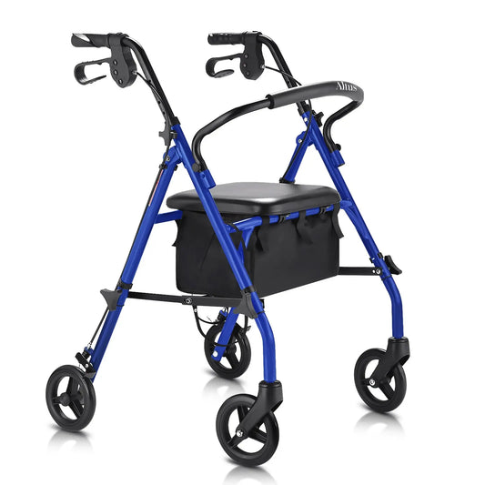 Blue rollator walker with four wheels and a padded seat.