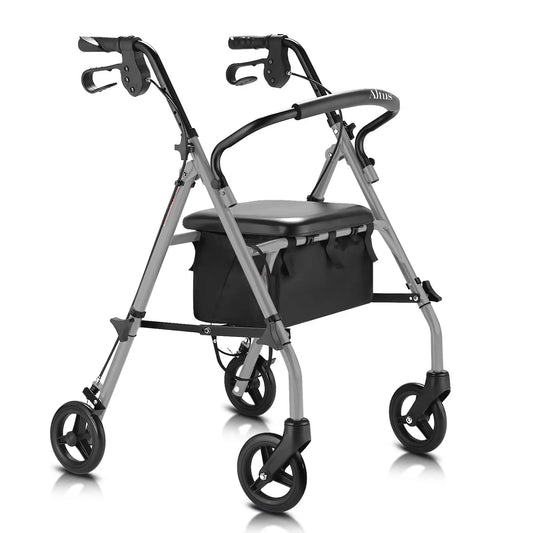 Titanium Gray rollator walker with padded seat and storage pouch, shown in a clean white background.