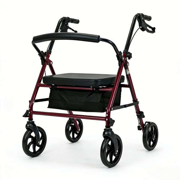 Red rollator with black seat and wheels on a white background