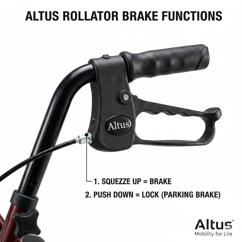 Altus rollator brake handle with instructions on how to use it