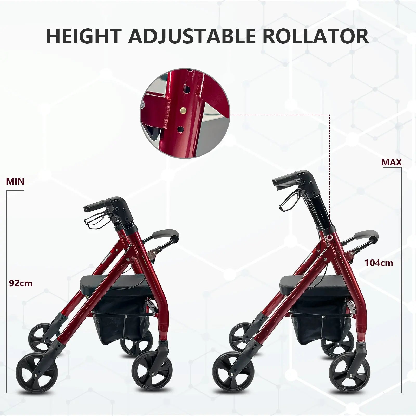 Another angle of the Altus Rollator with a premium burgundy finish, emphasizing its robust construction and user-friendly features.