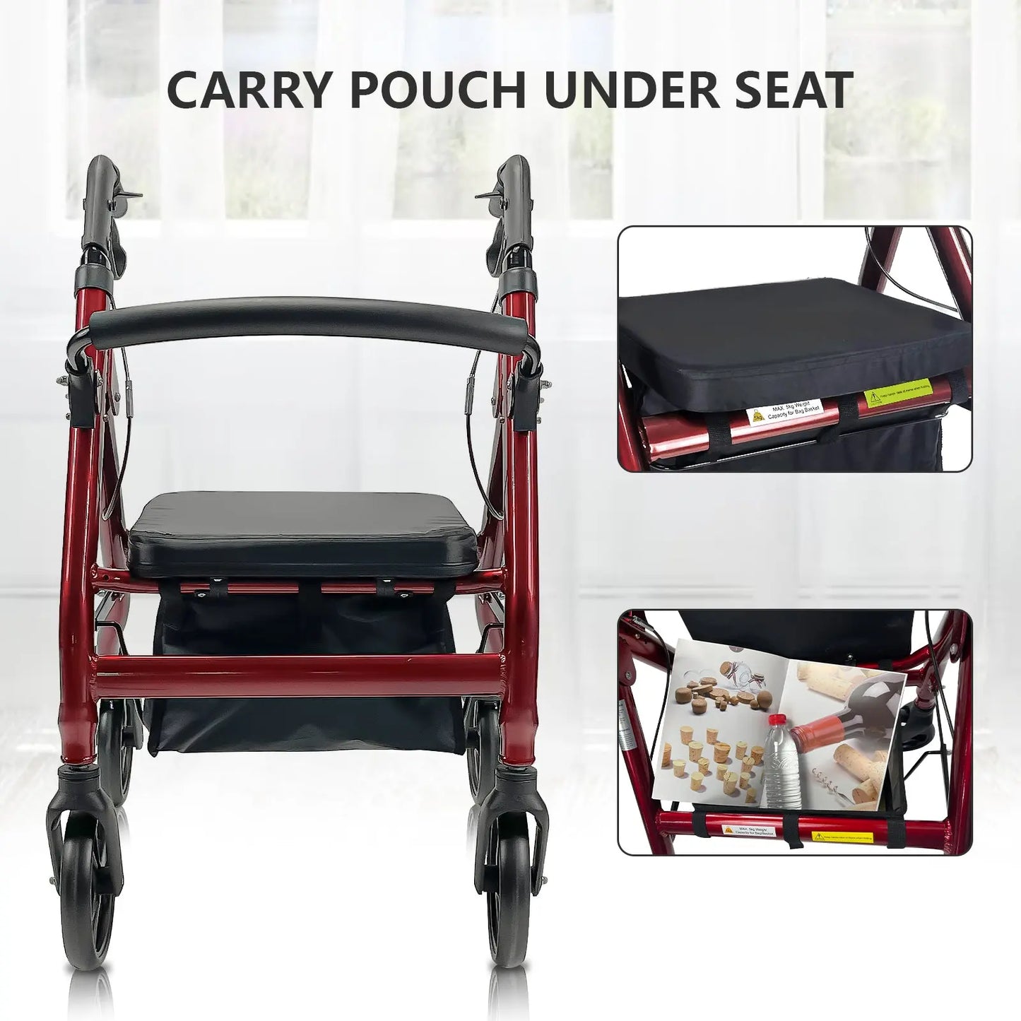 Back view of the Altus Rollator, showcasing the storage pouch located under the seat.