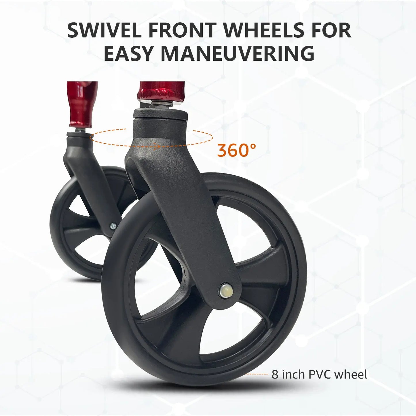 Detailed view of the swivel front wheels on the Altus Rollator, designed for easy maneuvering.