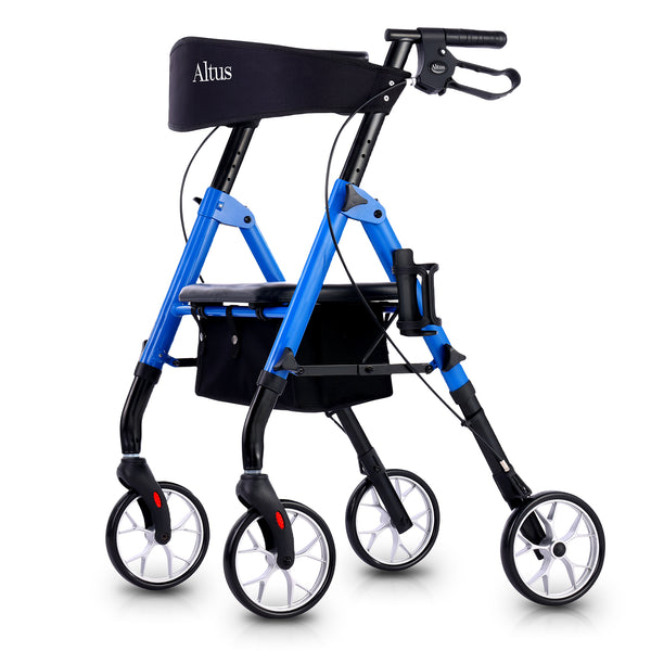 A close-up of the Altus walker with a seat. It has a blue frame, a black seat and backrest, four wheels, and hand brakes to ensure safety.