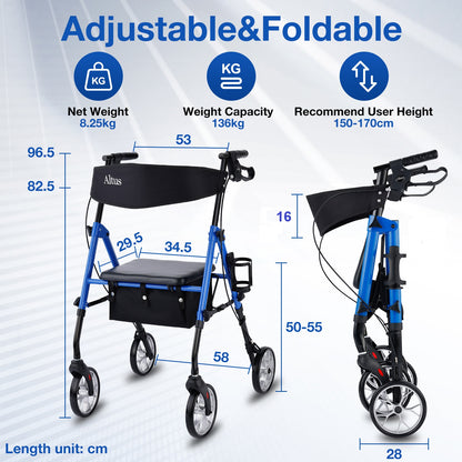 Altus Classic Walker with Seat Rollator Height Adjustable Folding - Blue