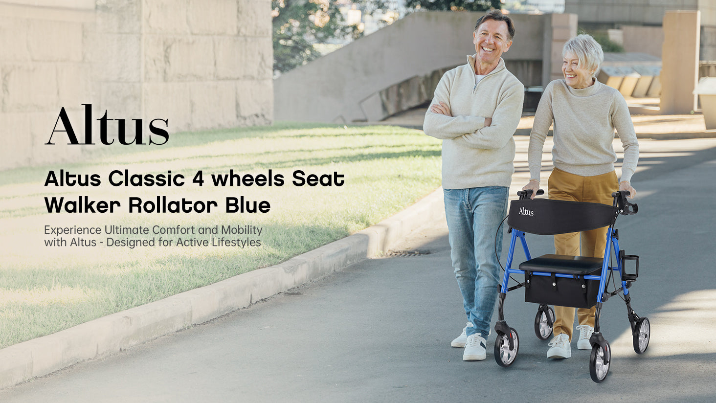 The Altus Classic 4-wheels Seat Walker Rollator in blue is a perfect blend of comfort and functionality. Designed for those with active lifestyles, it provides support and ease of movement, enhancing daily mobility.
