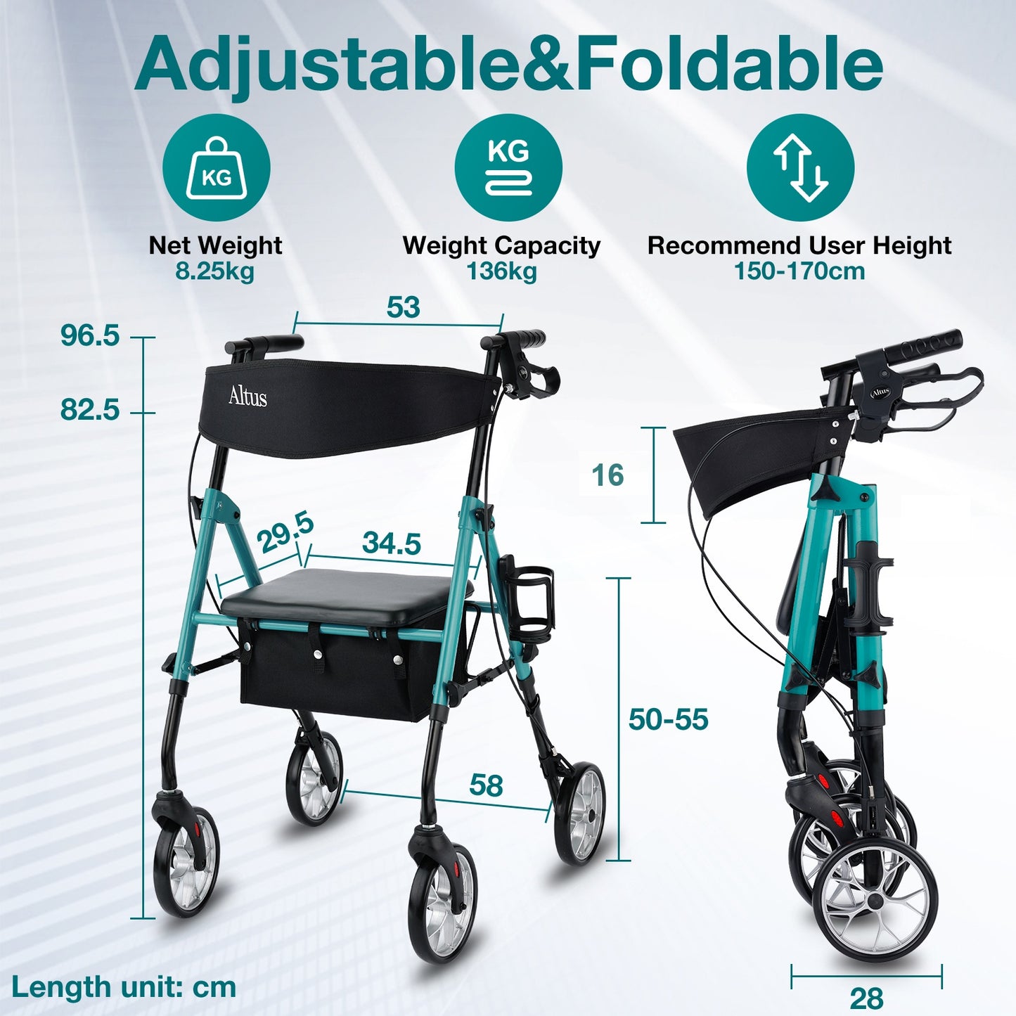 Altus 经典助行器带座椅助行器高度可调折叠深青色
