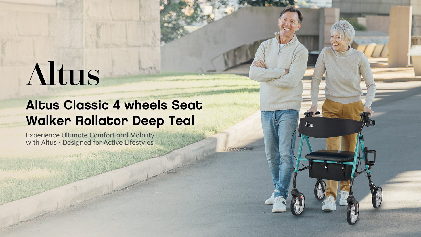 The Altus Classic 4-wheels Seat Walker Rollator in deep teal is a perfect blend of comfort and functionality. Designed for those with active lifestyles, it provides support and ease of movement, enhancing daily mobility.