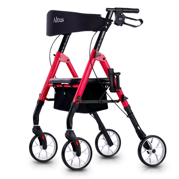 A close-up of the Altus Walker with a seat. It has a Red frame, a black seat and backrest, four wheels, and hand brakes to ensure safety.