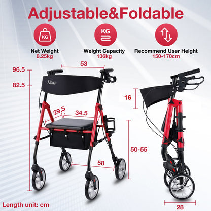 Altus Classic Walker with Seat Rollator Height Adjustable Folding - Red