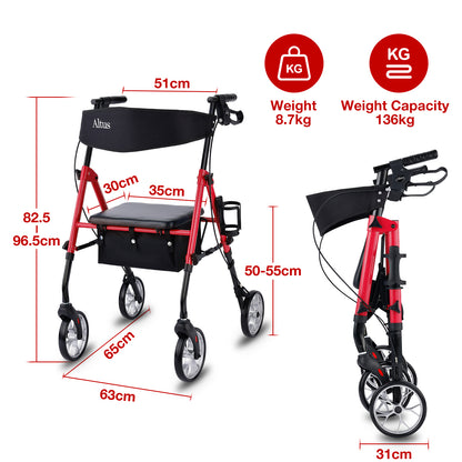 Altus Metro Wheel Mobility Walker With Seat & Padded Backrest - Red