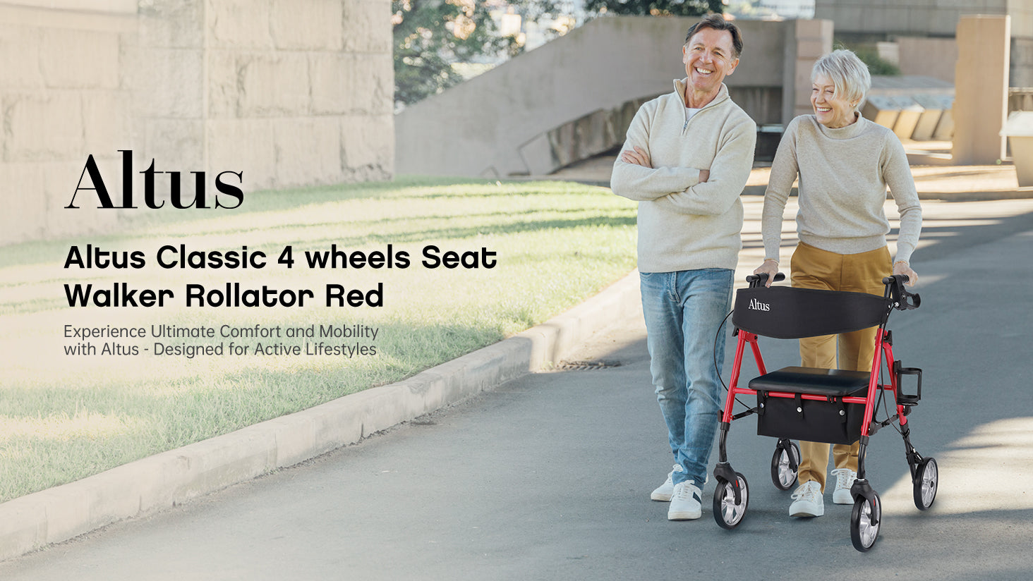 The Altus Classic 4-wheels Seat Walker Rollator in red is a perfect blend of comfort and functionality. Designed for those with active lifestyles, it provides support and ease of movement, enhancing daily mobility.