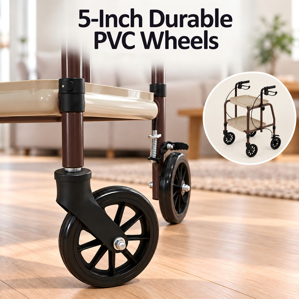 Altus Adjustable Meal Tray Walker with Brakes Mobility Trolley Brown