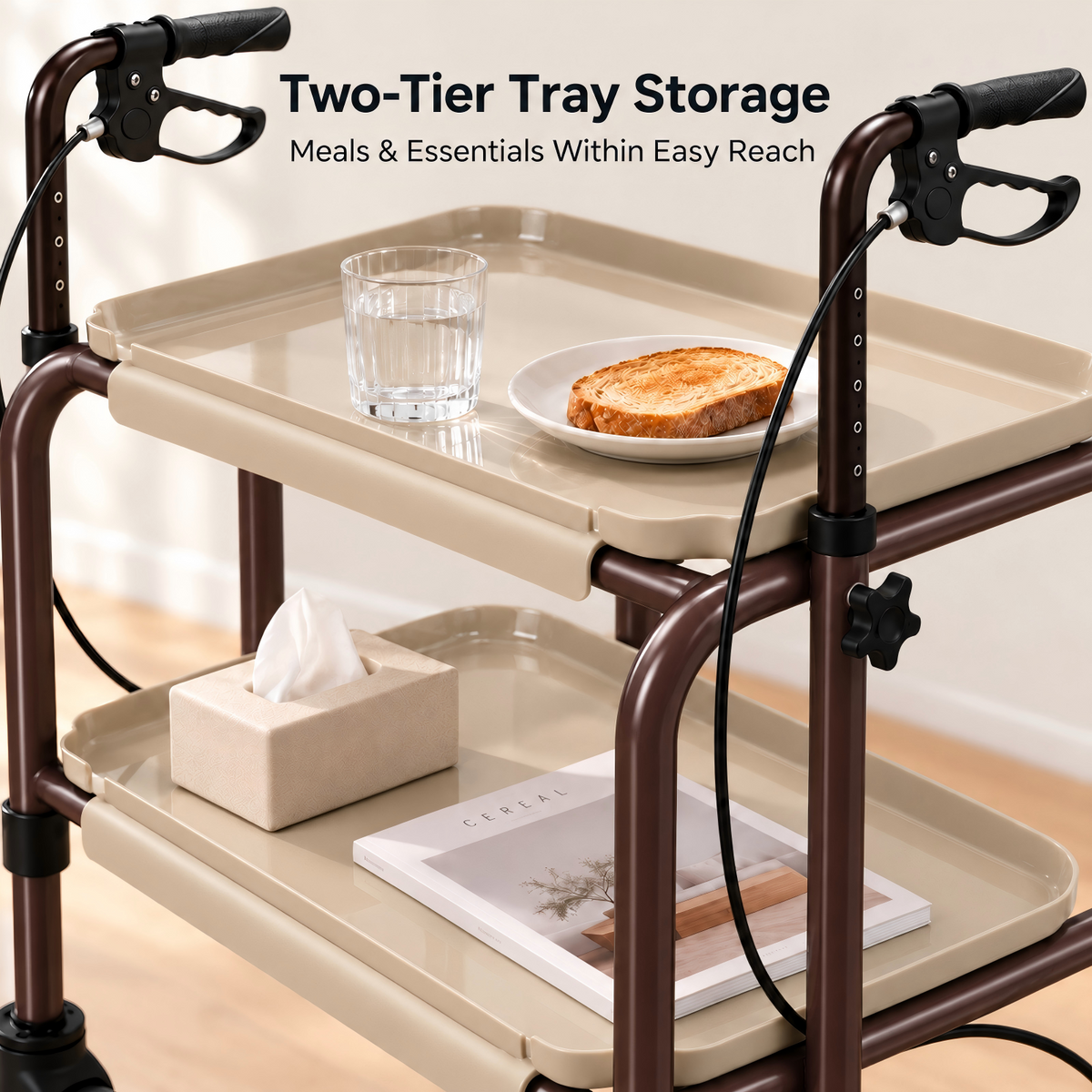 Altus Adjustable Meal Tray Walker with Brakes Mobility Trolley Brown