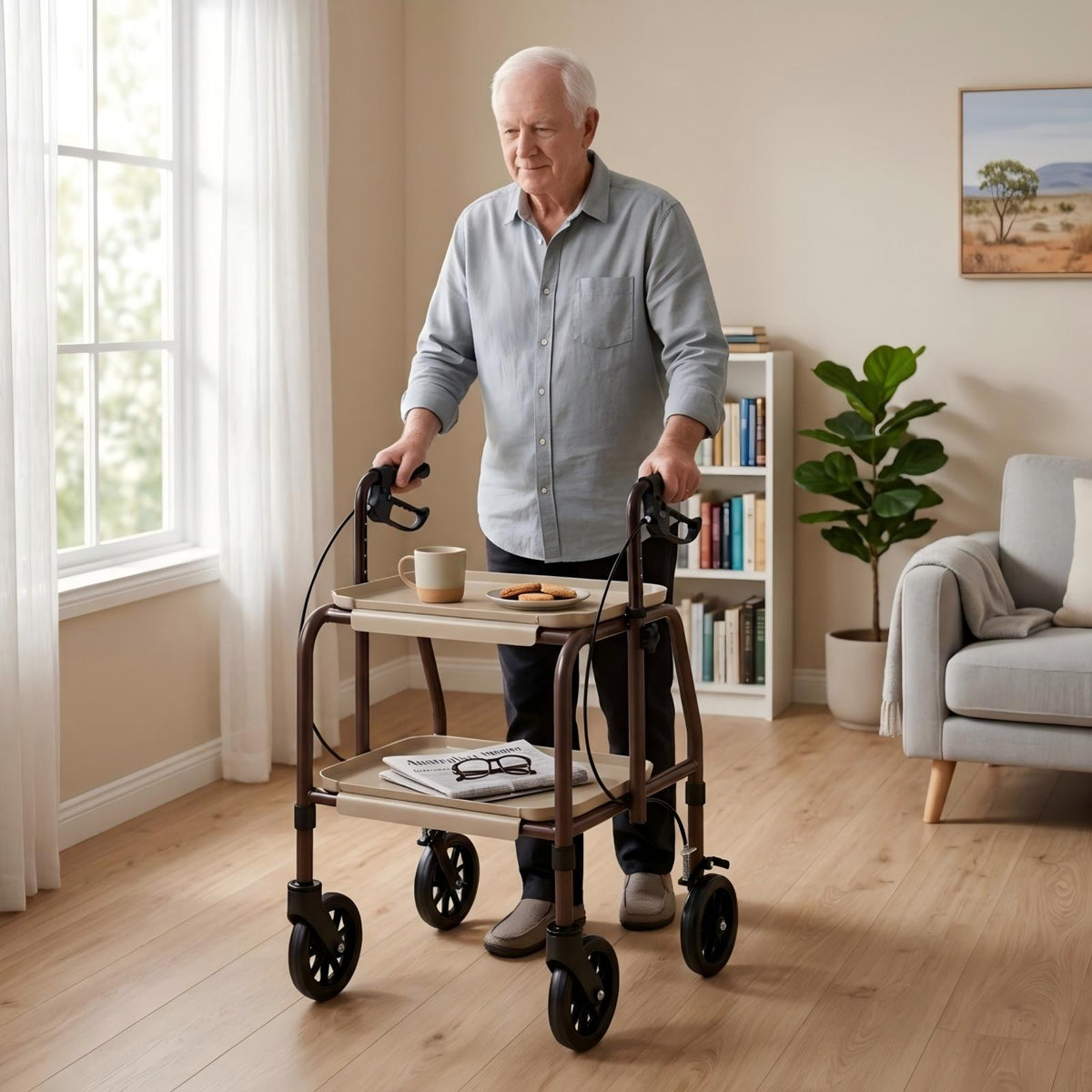 Altus Adjustable Meal Tray Walker with Brakes Mobility Trolley Brown