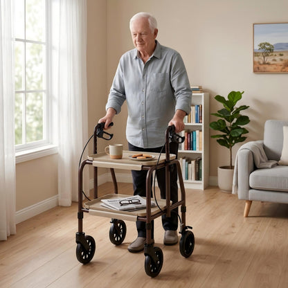 Altus Adjustable Meal Tray Walker with Brakes Mobility Trolley Brown