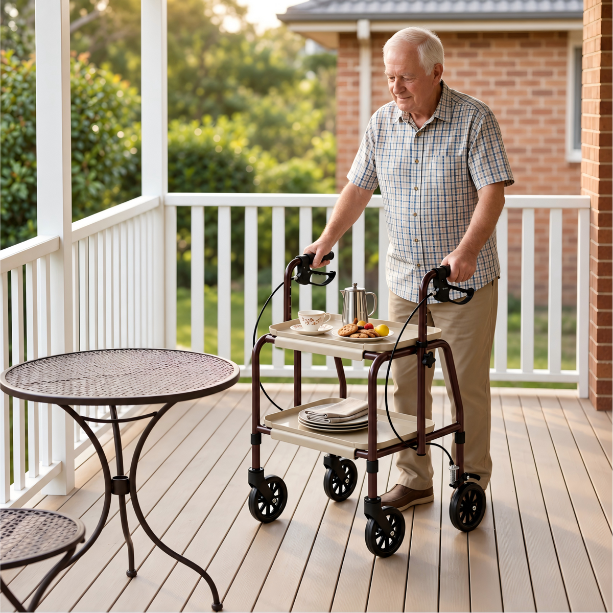 Altus Adjustable Meal Tray Walker with Brakes Mobility Trolley Brown