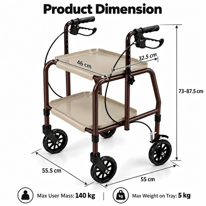 Altus Adjustable Meal Tray Walker with Brakes Mobility Trolley Brown