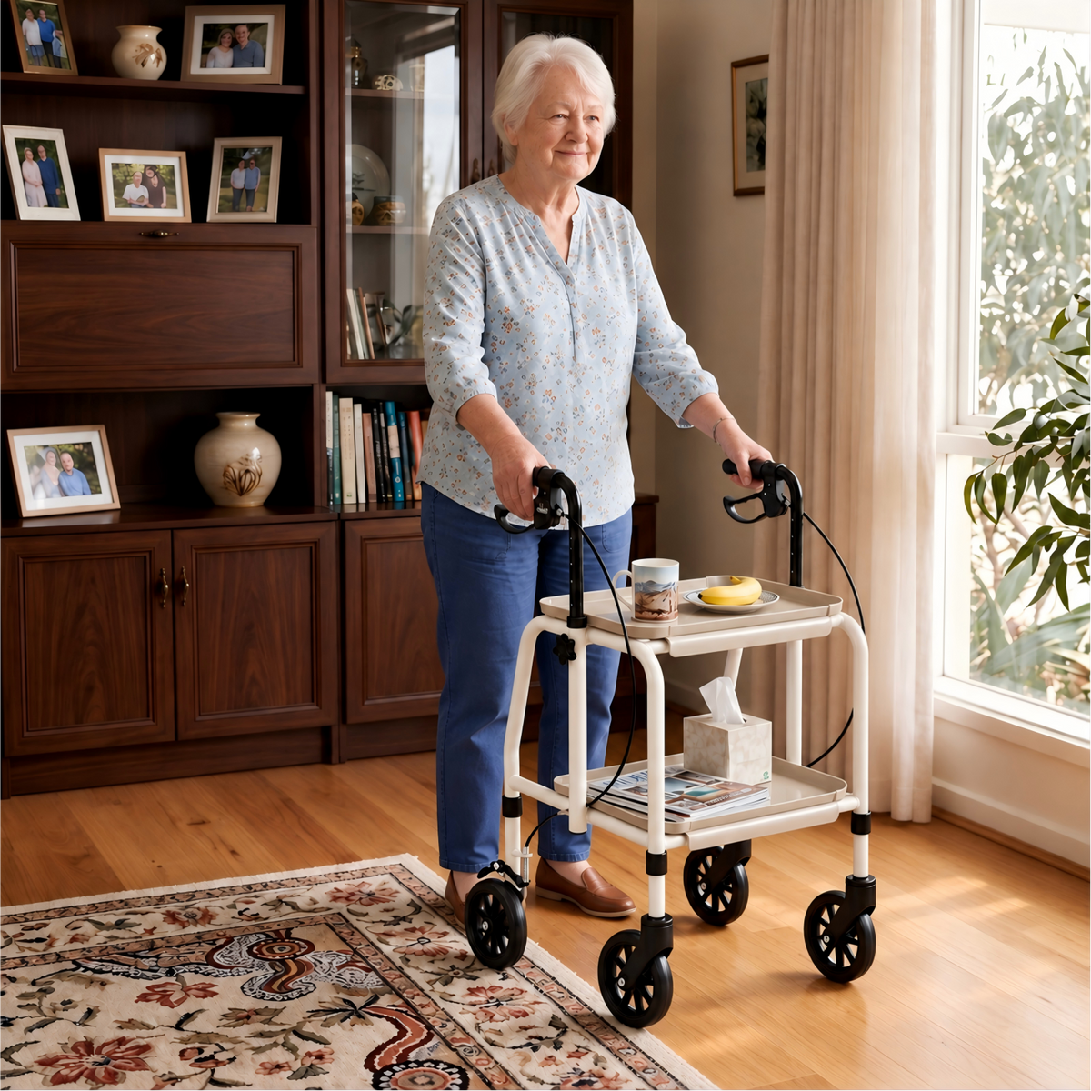 Altus Adjustable Meal Tray Walker with Brakes Mobility Trolley - Cream