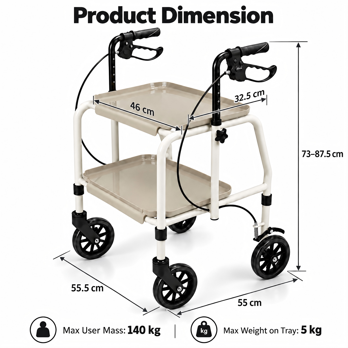 Altus Adjustable Meal Tray Walker with Brakes Mobility Trolley - Cream