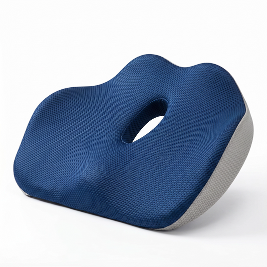 A contoured lumbar support pillow with a blue textured top and a light gray side panel, shown on a clean white background.