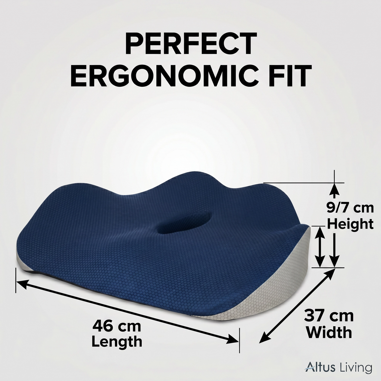A navy blue ergonomic seat cushion with a center cutout, shown with dimension callouts reading 46 cm length, 37 cm width, and 9/7 cm height, plus the text 'PERFECT ERGONOMIC FIT' and the brand name Altus Living.