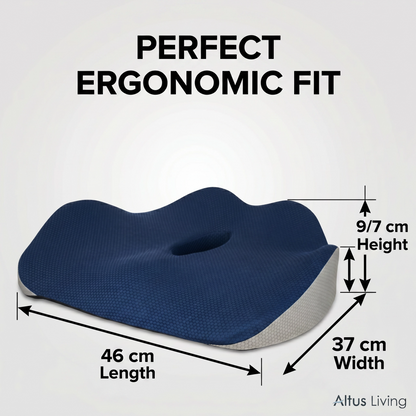 A navy blue ergonomic seat cushion with a center cutout, shown with dimension callouts reading 46 cm length, 37 cm width, and 9/7 cm height, plus the text 'PERFECT ERGONOMIC FIT' and the brand name Altus Living.