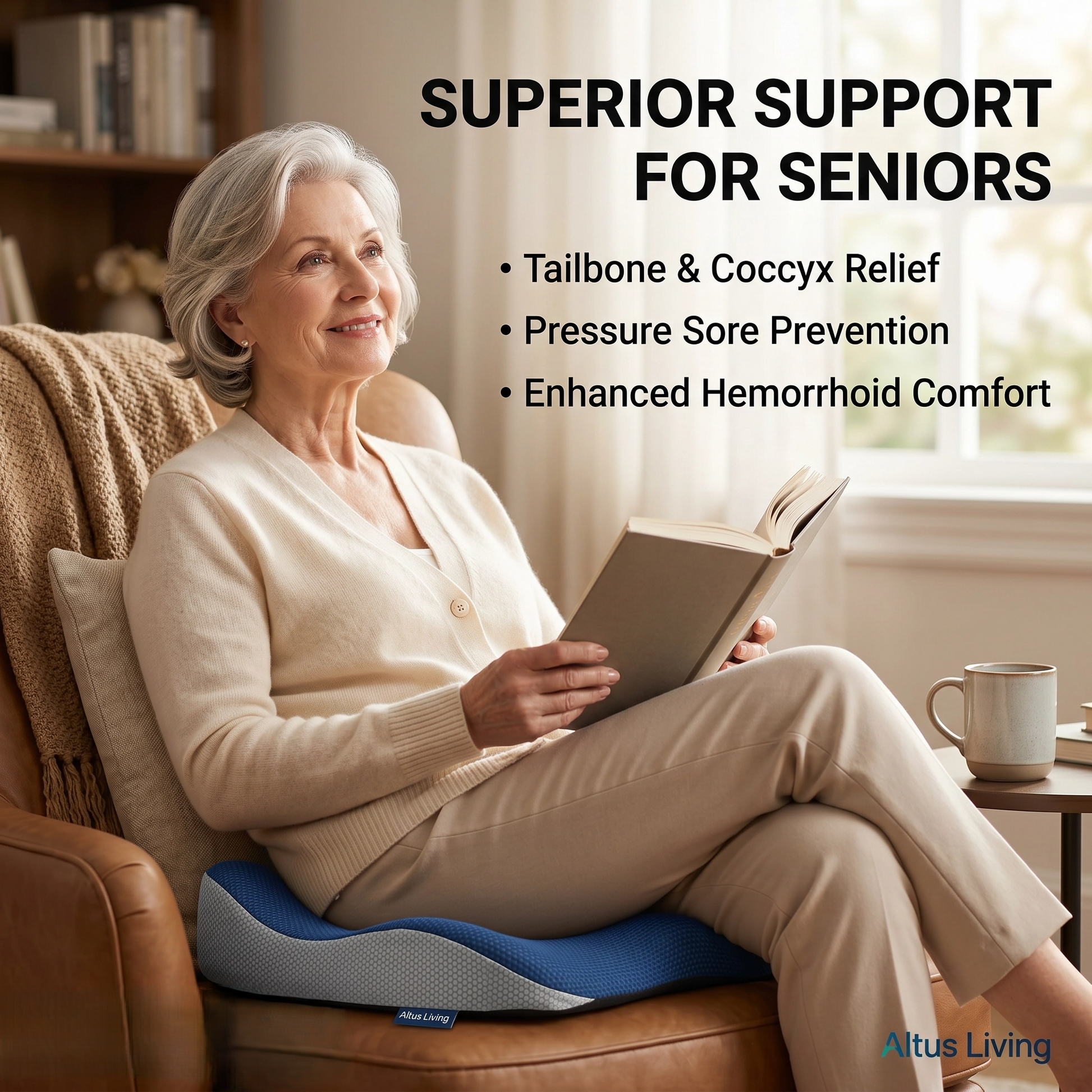 An older woman sits in a brown leather armchair reading a book, using a blue and white Altus Living lumbar support cushion. The image features promotional text highlighting the benefits of the cushion, including tailbone and coccyx relief, pressure sore prevention, and enhanced hemorrhoid comfort.