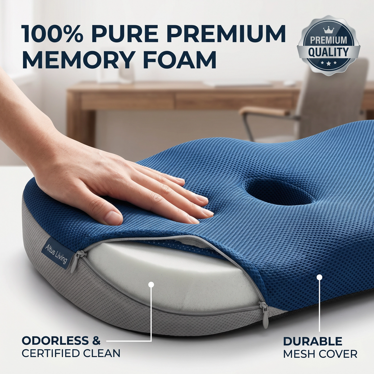 A blue mesh memory foam pillow with a hand resting on top, shown on a bed with promotional text reading '100% PURE PREMIUM MEMORY FOAM' and 'Odorless & Certified Clean'.