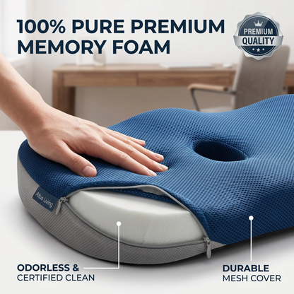 A blue mesh memory foam pillow with a hand resting on top, shown on a bed with promotional text reading '100% PURE PREMIUM MEMORY FOAM' and 'Odorless & Certified Clean'.