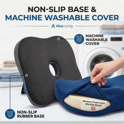 Altus Living non-slip memory foam cushion with a detachable machine-washable cover, shown in black and navy blue, with a hand demonstrating the removable cover in front of a blurred washing machine background.