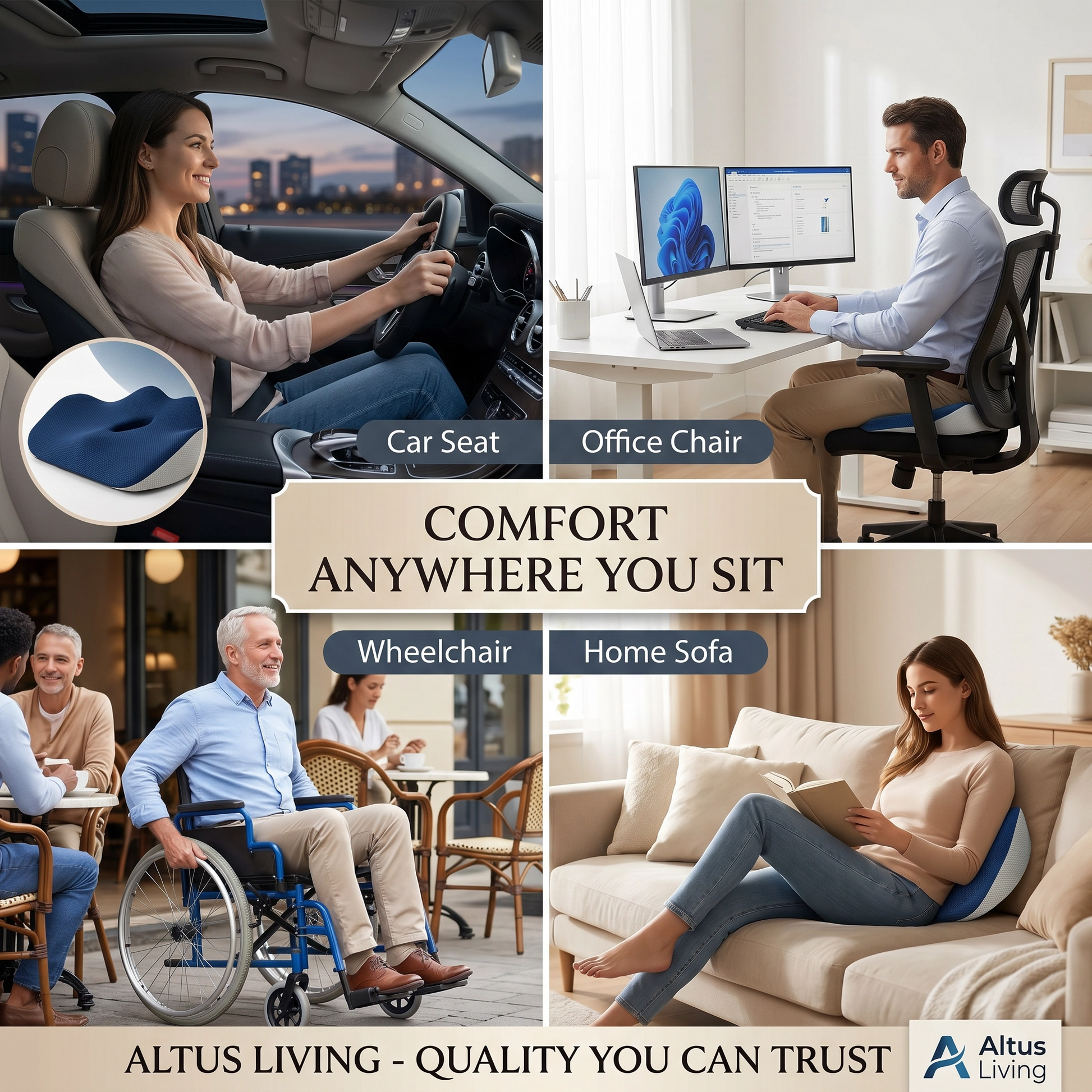 A promotional collage for the Altus Living Comfort Pillow, showing the blue contoured pillow in four lifestyle contexts: in a car seat, on an office chair, in a wheelchair, and on a home sofa. The image features a central beige banner with the text 'COMFORT ANYWHERE YOU SIT' and the Altus Living brand logo in the bottom right corner.