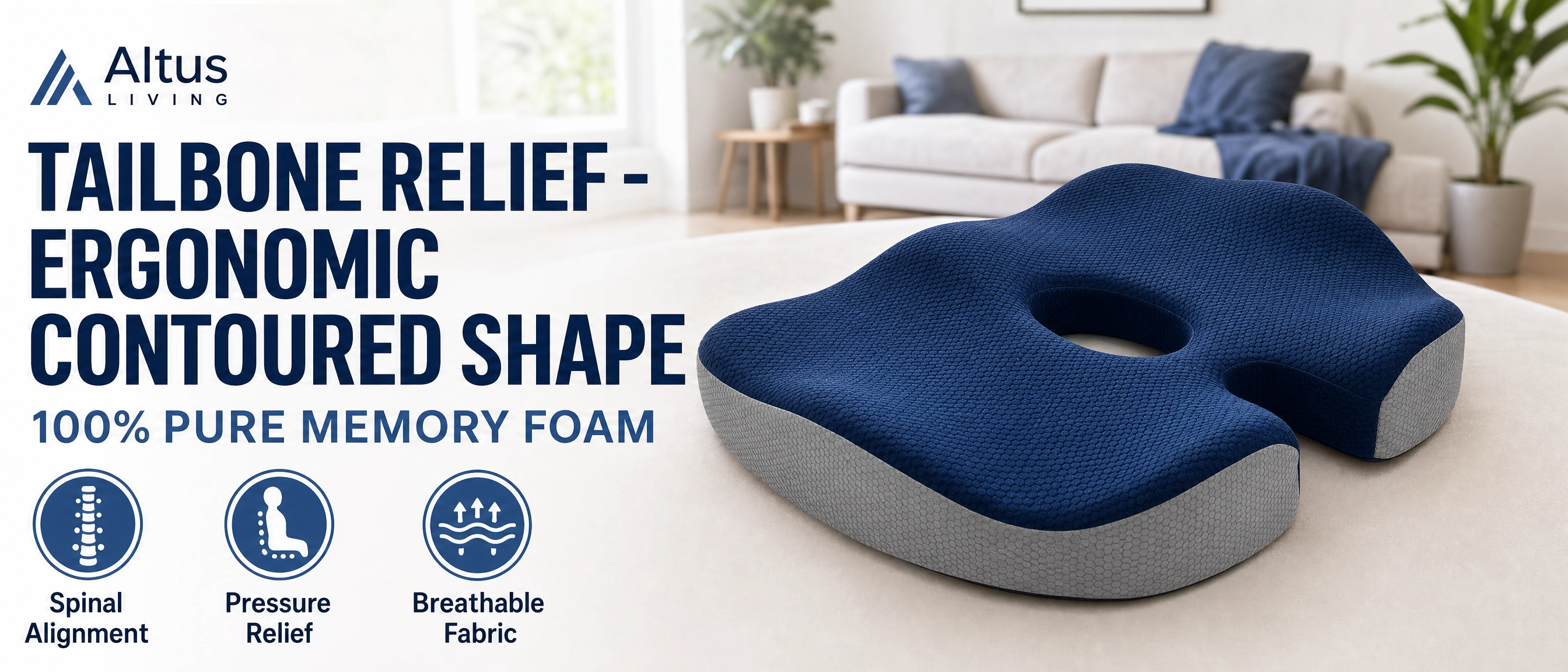 Altus Living Tailbone Relief ergonomic contoured memory foam cushion shown in a living room setting, with blue and gray colors and text highlighting its benefits.