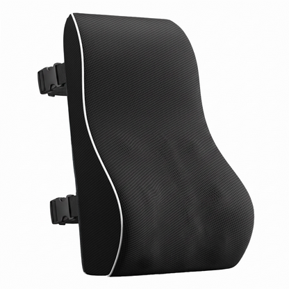 A black ergonomic lumbar support pillow with a textured mesh surface and white piping, featuring two adjustable black plastic buckle straps on the sides, shown against a plain white background.