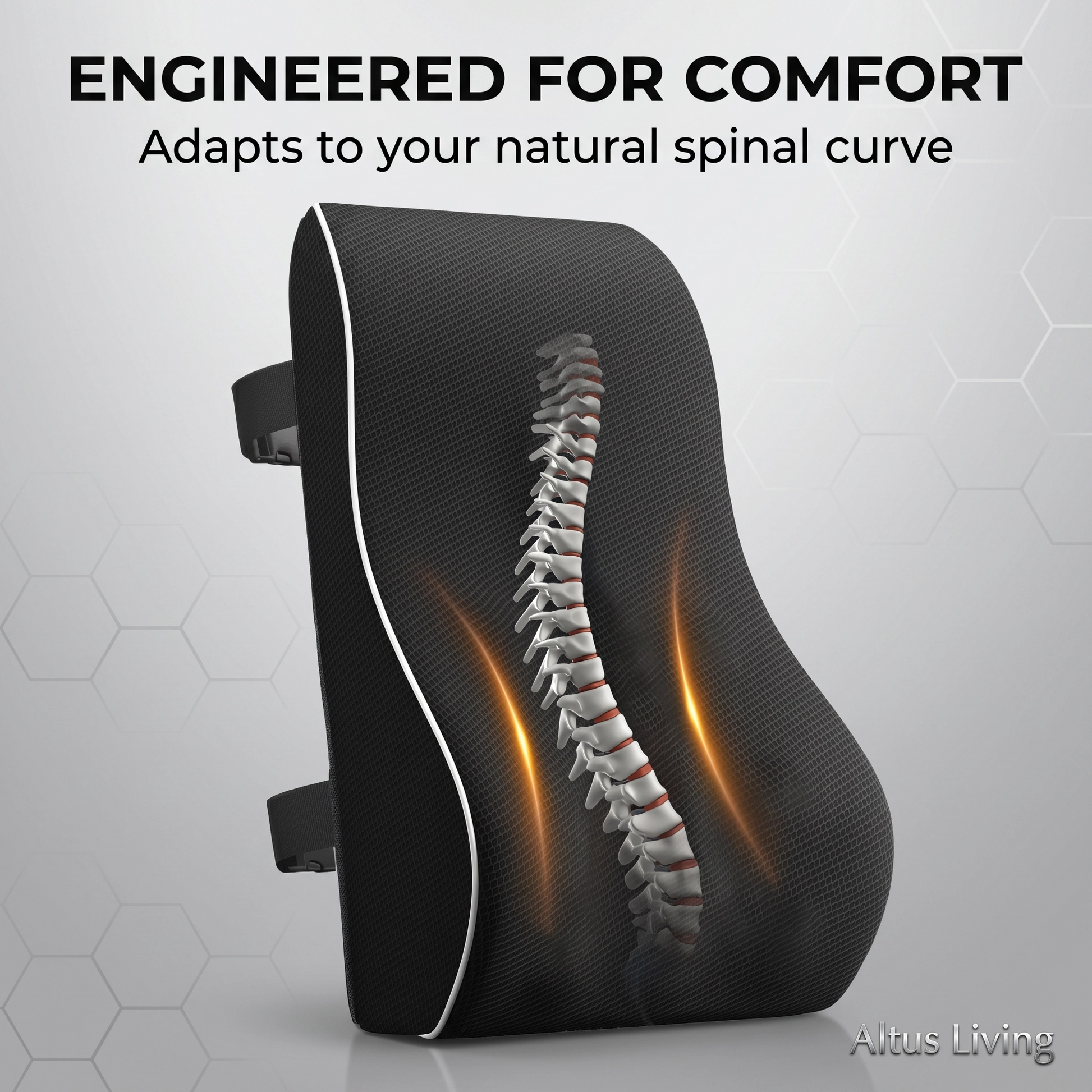 A black contoured lumbar support pillow with a white edge trim, featuring a 3D graphic of a human spine and glowing orange compression zones on the front. The image includes the text 'ENGINEERED FOR COMFORT' and 'Adapts to your natural spinal curve' at the top, and the brand name 'Altus Living' in the bottom right corner.