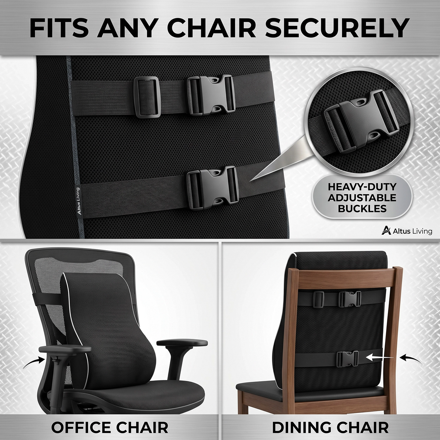 An Altus Living adjustable chair strap system shown on a black mesh office chair and a wooden dining chair, with text stating 'FITS ANY CHAIR SECURELY' and 'HEAVY-DUTY ADJUSTABLE BUCKLES'.