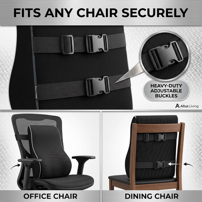 An Altus Living adjustable chair strap system shown on a black mesh office chair and a wooden dining chair, with text stating 'FITS ANY CHAIR SECURELY' and 'HEAVY-DUTY ADJUSTABLE BUCKLES'.