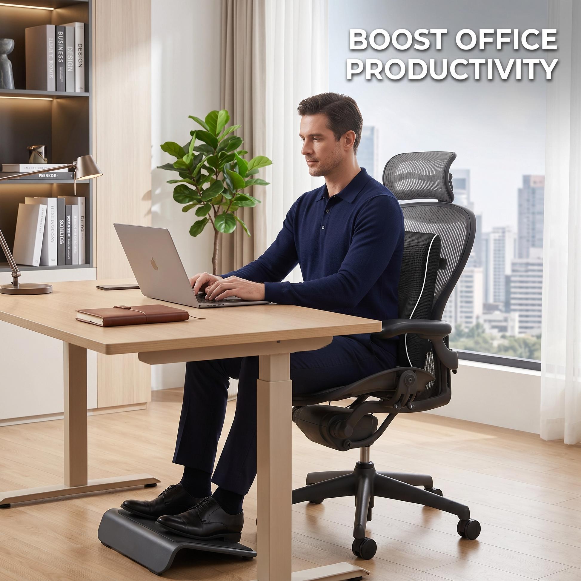 A man in a navy long-sleeve shirt sits in a black mesh ergonomic office chair at a light wood desk, using a laptop in a bright home office. A footrest is visible beneath him, and the text 'BOOST OFFICE PRODUCTIVITY' appears in the top right.