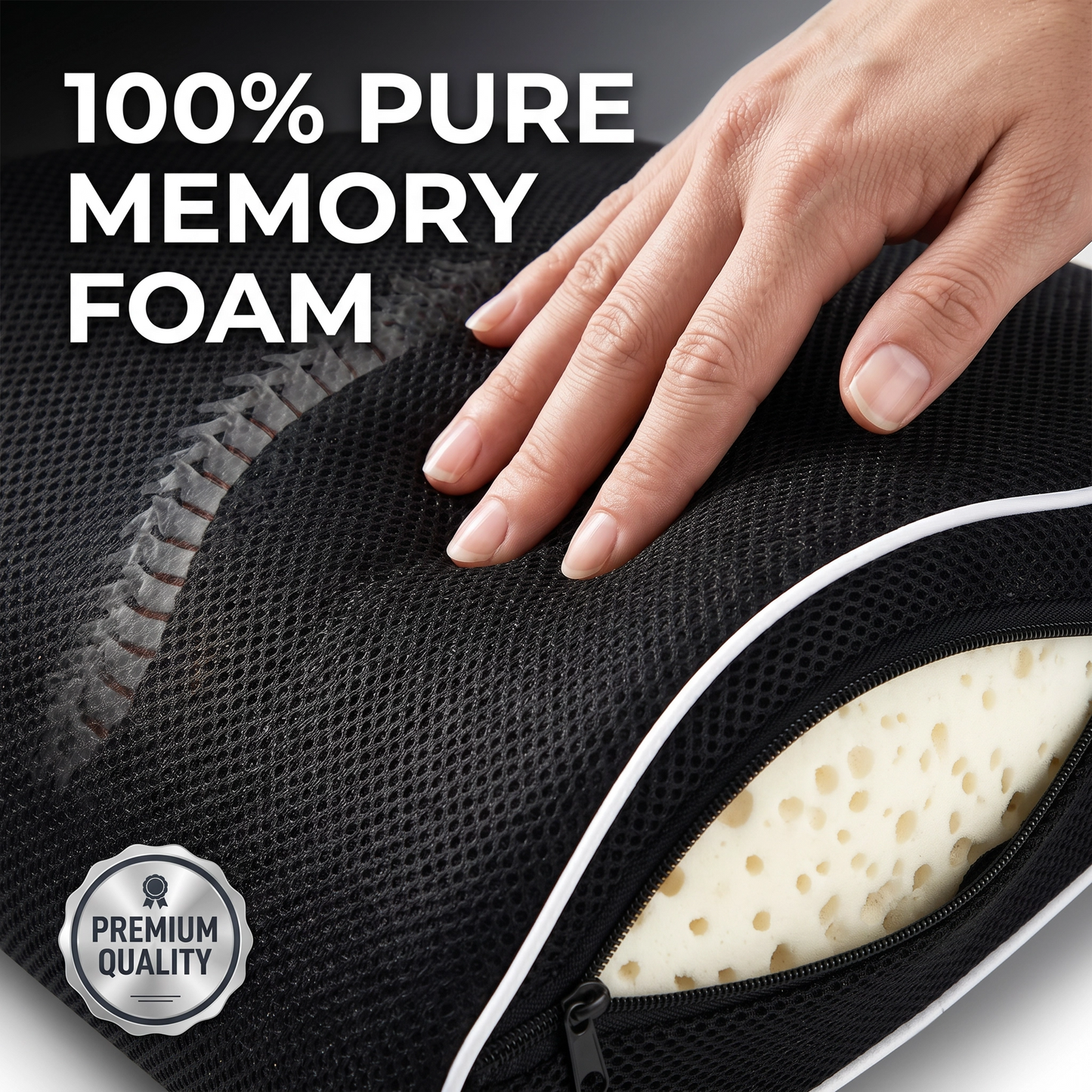 A close-up of a black mesh and memory foam sleep bag with a hand pressing on the surface to demonstrate its soft, responsive texture. A white zipper reveals a thick, pale yellow memory foam insert.