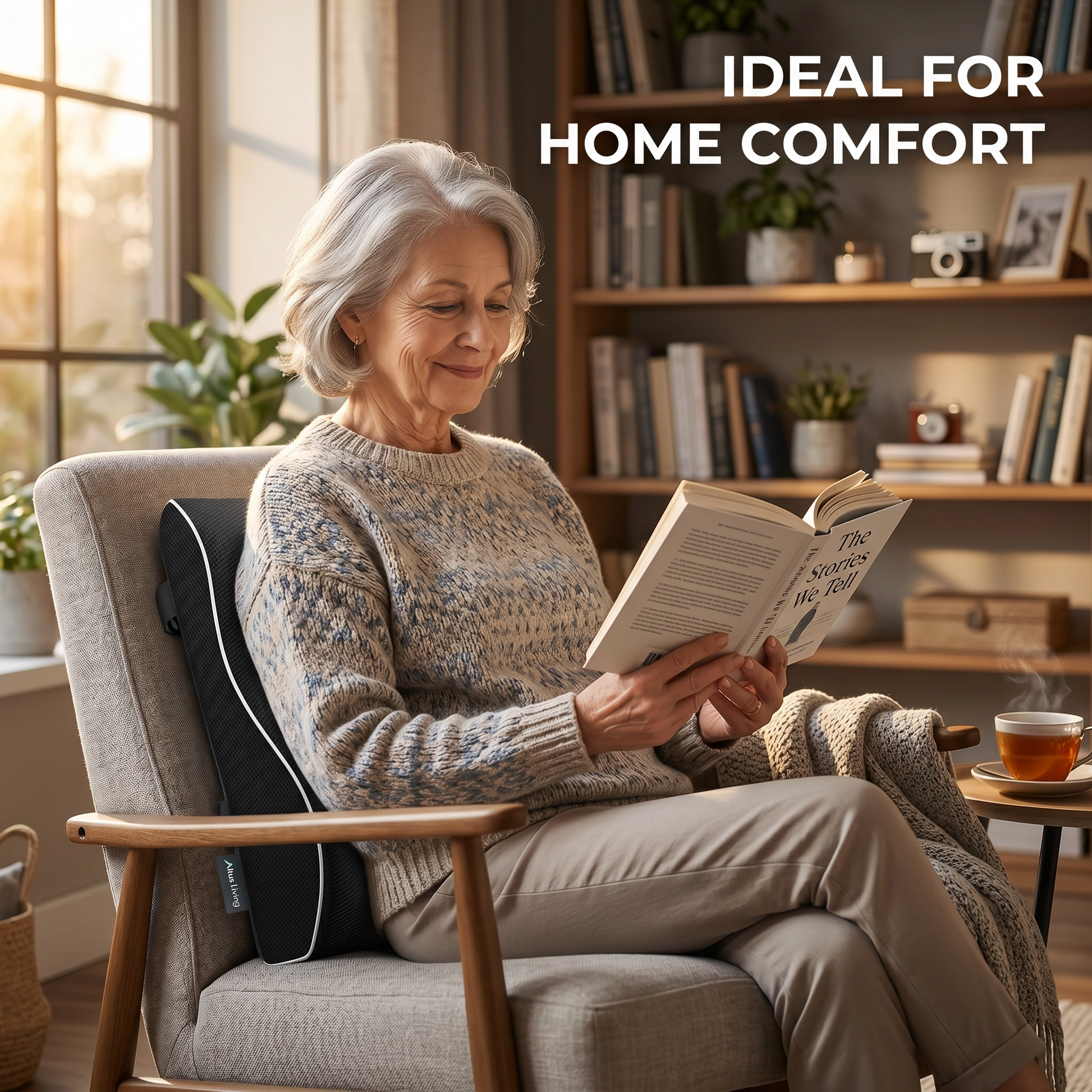 An older woman sits in a cozy armchair reading a book in a warmly lit living room. A black lumbar support pillow with white piping is positioned behind her.