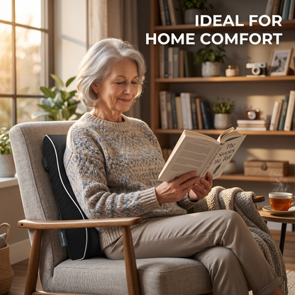 An older woman sits in a cozy armchair reading a book in a warmly lit living room. A black lumbar support pillow with white piping is positioned behind her.