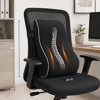 Black mesh office chair with a lumbar support cushion showing a spine graphic and dimension overlays indicating 45 cm height and 40 cm width, set in a home office environment.