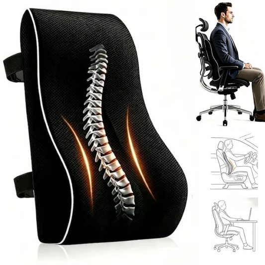 Black ergonomic lumbar support pillow with a printed spine graphic and glowing heat effect, shown alongside a seated man in an office chair and small diagrams of sitting positions.
