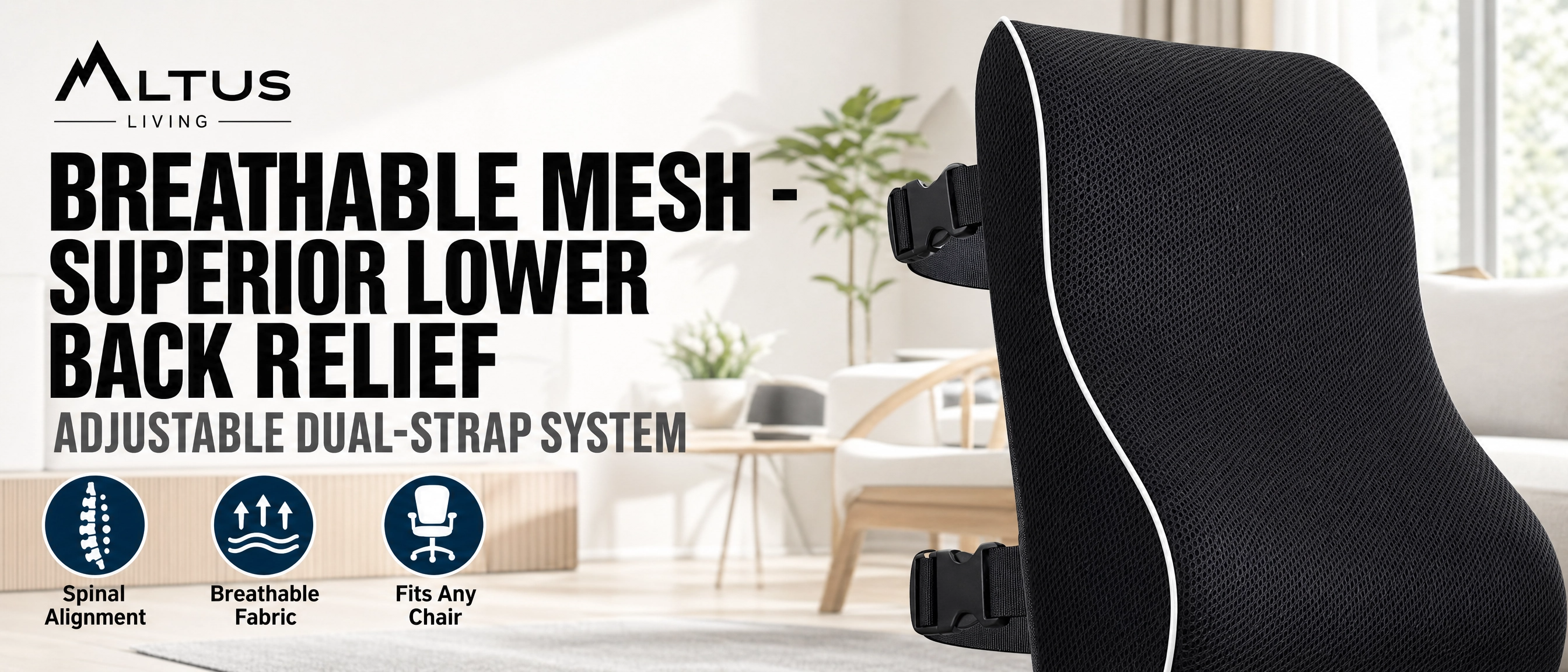 Black mesh lower back support pillow with white piping and adjustable straps, shown in a modern living room setting with promotional text on the left.