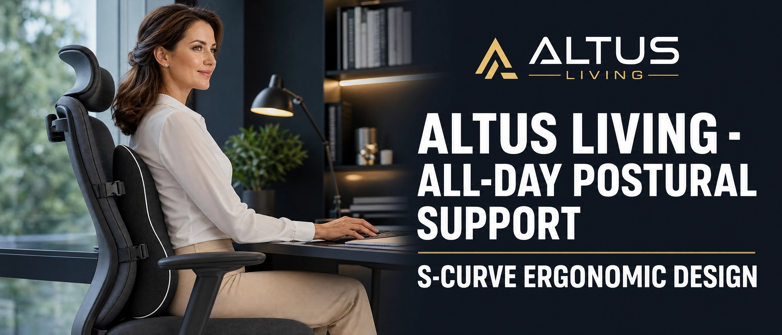 A woman sits in a black Altus Living ergonomic office chair at a desk, shown in a modern home office setting. The right side of the image features a dark navy graphic with white text reading 'ALTUS LIVING - ALL-DAY POSTURAL SUPPORT' and 'S-CURVE ERGONOMIC DESIGN', alongside the Altus Living brand logo.