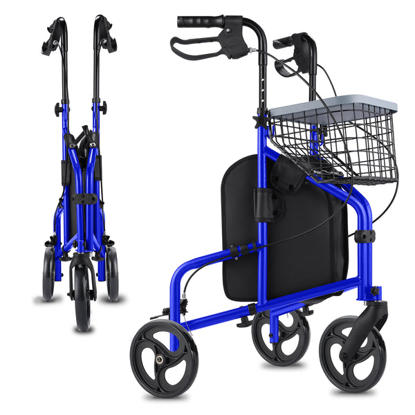 Blue walker with wheels and basket on a white background