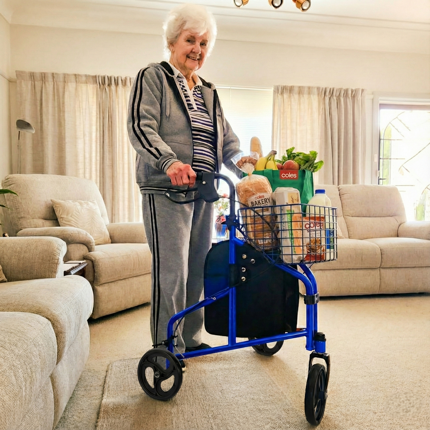 Altus 3-Wheel Rollator Walker with Wire Storage Tray and Zip Bag- Blue