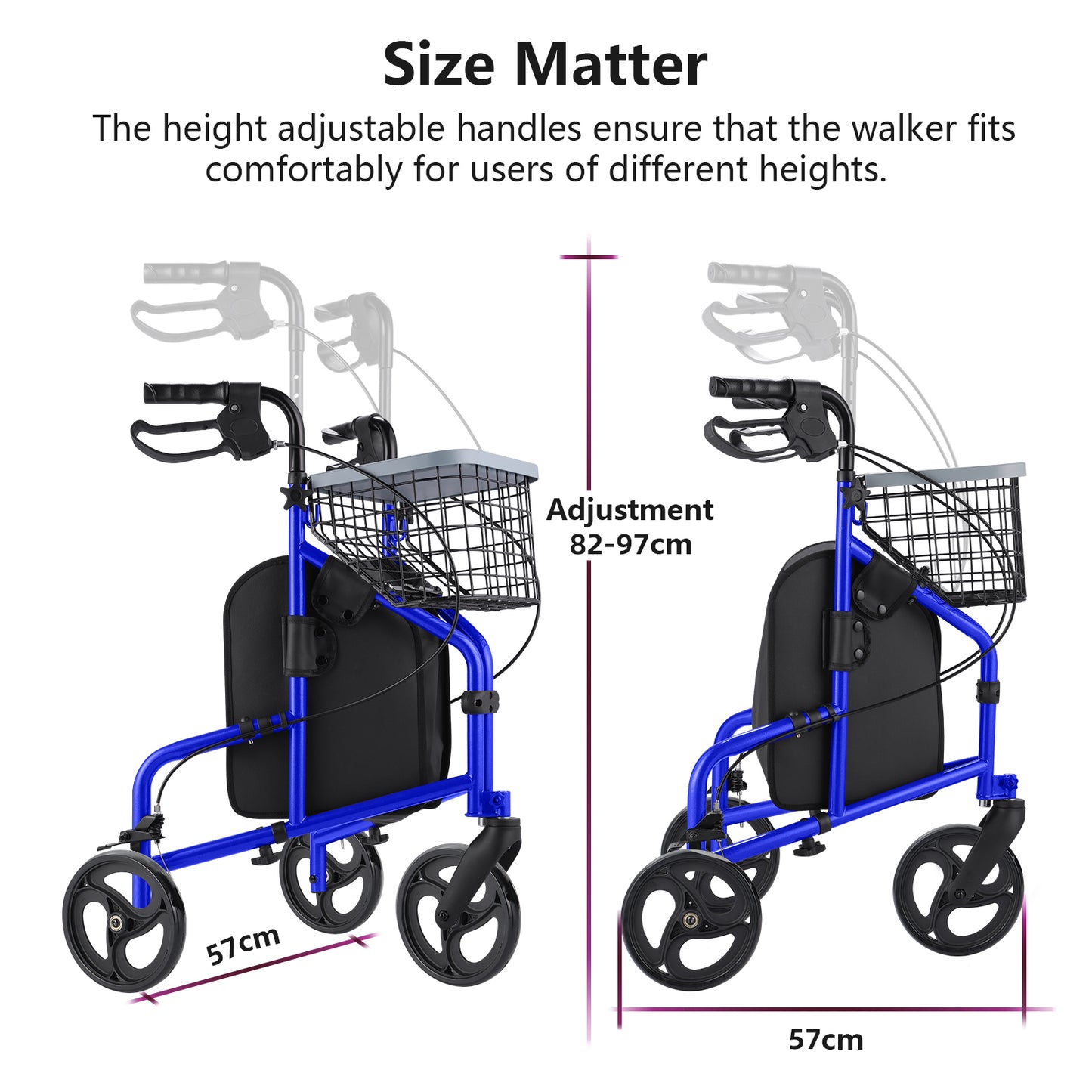 Blue walker with adjustable handles and basket, showing size matter text and measurements.