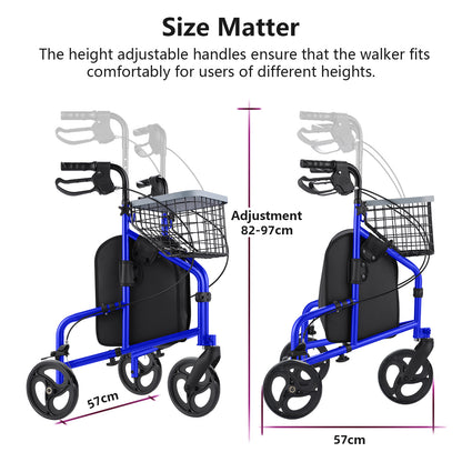 Blue walker with adjustable handles and basket, showing size matter text and measurements.