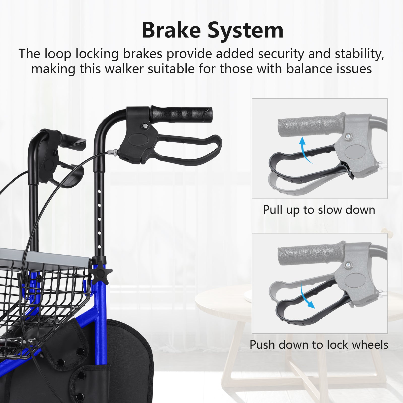 Walker with brake system highlighted, showing how to slow down and lock wheels.